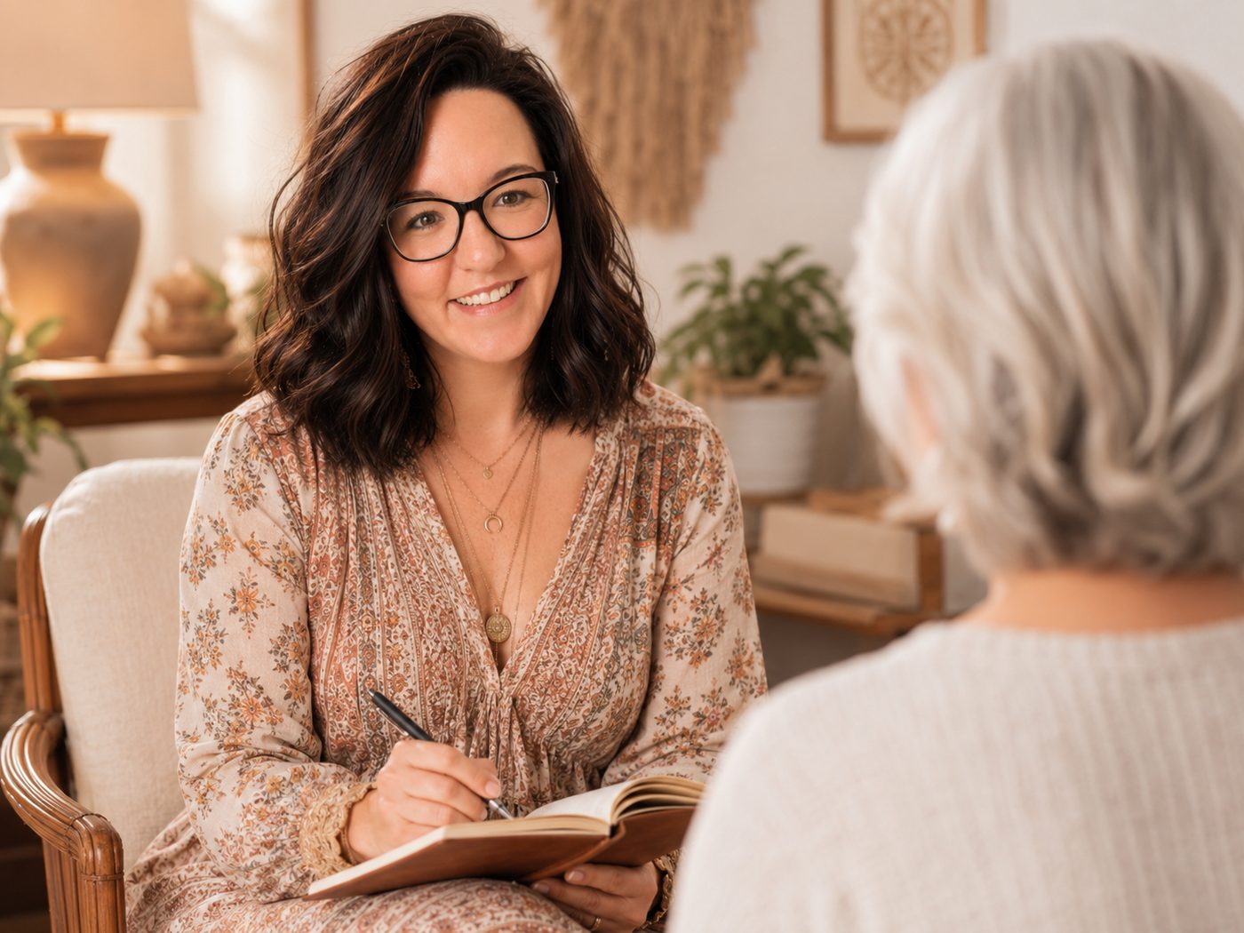 Claire interviewing a client, taking notes as they talk