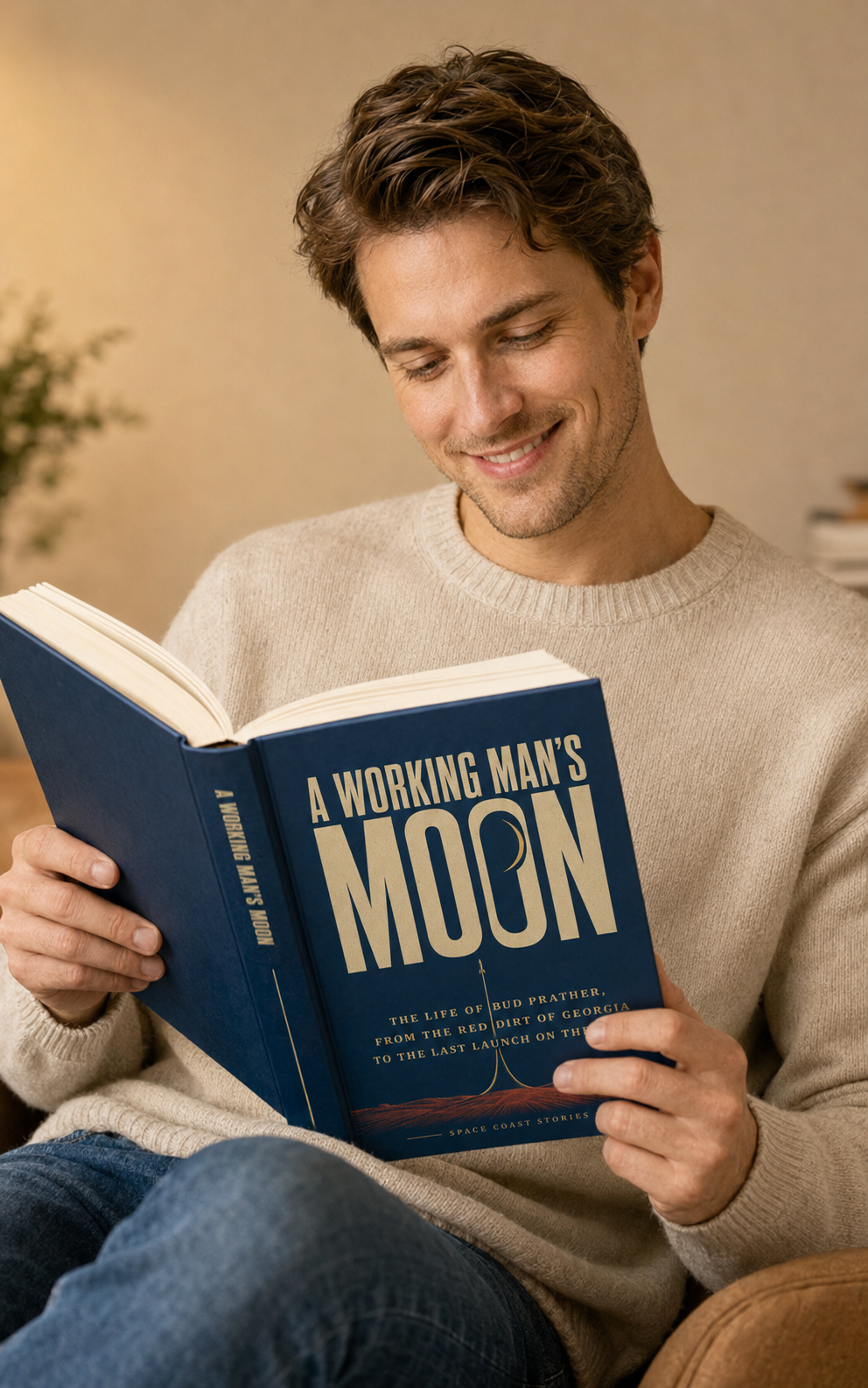 A young man smiling as he reads the full narrative legacy book A Working Man's Moon